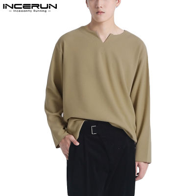 Incerun เสื้อยืดชาย แขนยาว คอวี ไม่รัดรูป QC8191601