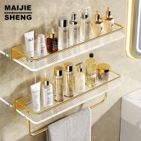 Bathroom Floating Shelves Gold  Wall Mounted Storage with Towel Bar for Kitchen  Bedroom Acrylic Wall Shelf Set with Towel Rack Bathroom Counter Stora