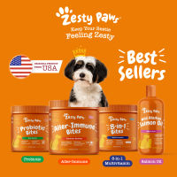 Zesty Paws Best Selling Supplements for Dogs (Aller-Immune Bites, 8-in-1 Multifunctional Bites, Wild Alaskan Salmon Oil, Probiotic Bites) อาหารเสริมสุนัขที่ขายดีที่สุด เหมาะสำหรับสุนัขทุกวัย (เสริมระบบภูมิคุ้มกัน, น้ํามันปลาแซลมอนอลาสก้า, โปรไบโอติก)