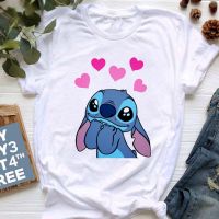 เสื้อยืด Lilo Stitch คาวาอิเสื้อยืดผู้หญิงลายการ์ตูนสติทช์เสื้อยืดกราฟิกหัวใจเสื้อฤดูร้อนเสื้อยืดอะนิเมะน่ารัก