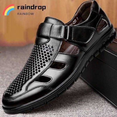 🌈raindrop🌈Men shoes หนัง PU รองเท้าแตะ รองเท้าลำลอง สำหรับผู้ชาย แบบสวมหัวโต รัดส้น (ไซส์ 39-44)💖