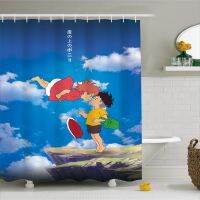 3D Print Shower Curtain Ponyo On The Cliff Anime Cute Character Bath Curtains Polyester Waterproof Blue Bathroom Set With Hooks