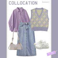 COD DSFGERTGYERE rompi rajutan baju wanita korean style Spring gentle wearing female 2022 new Korean version of taro purple shirt knitted vest denim skirt three -piece tide