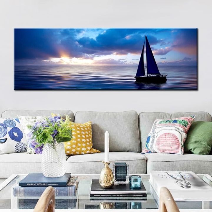 เรือบน-blue-sea-horizon-ภาพวาดผ้าใบ-wall-art-โปสเตอร์และพิมพ์สำหรับห้องนั่งเล่น-home-decor