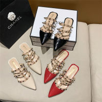 Half-wrapped Slippers Female Outside Wearing 2022 Summer Rivets Pointed Head Sandal Drag Flat Heel Flat Bottom One Foot Muller Net Red Slippers