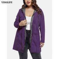 ☈☃❅ YISOLIFE Womens sleeve Trench Coats Mid-length Waist Drawcord Windbreaker Hooded Jackets with Bib