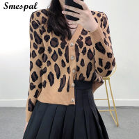 Cropped Cardigan Women Autumn Fashion Leopard Knitted Coat Vintage Sweater Jacket