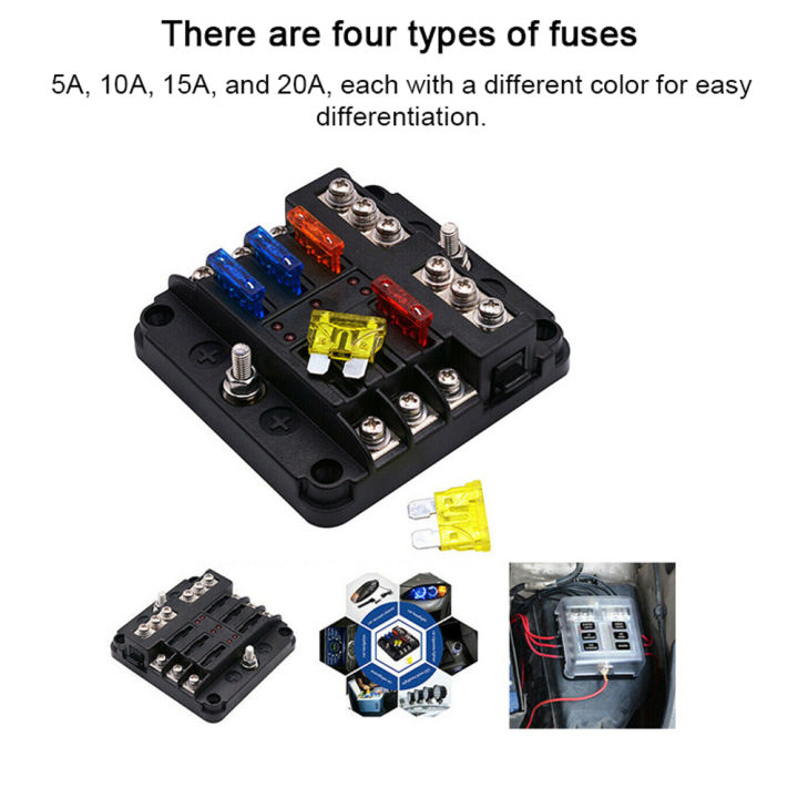 ฟิวส์บล็อกที่ถือชนวนรถ6วิธีอเนกประสงค์-พร้อมกล่องตัวเชื่อมฟิวส์รถยนต์กล่องฟิวส์ขั้วไฟฟ้าลบพร้อมไฟ-led