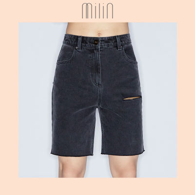 [MILIN] High rise with belt hoops denim กางเกงยีนส์ขาสั้น  Bermuda Slit shorts GREY WASH