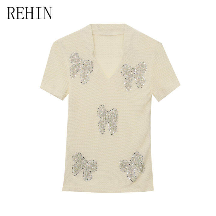 rehin-เสื้อแฟชั่นฤดูร้อนสำหรับผู้หญิง-เสื้อคอวีติดโบว์ประดับสีพื้นแบบสลิมเสื้อแขนสั้น