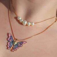 Fashion Women Butterfly Necklaces Thai Pop Butterfly Pearl Necklace Double Choker Chains Jewelry