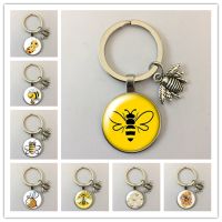 【CW】✗▦  cute bee animal happy yellow style round glass cabochon keychain bag car key ring charm