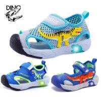 DINO Summer 4-6Y Boys Sandals Children Fabric Breathable T-REX LED Flashing Little Kids Dinosaur Light Up Closed Toe Beach Shoes