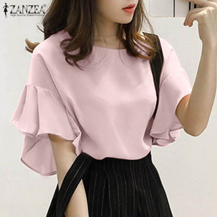 Zanzea Korean Style Womens Summer Ruffles Flare Short Sleeve Shirts Casual Plain Tops Blouse