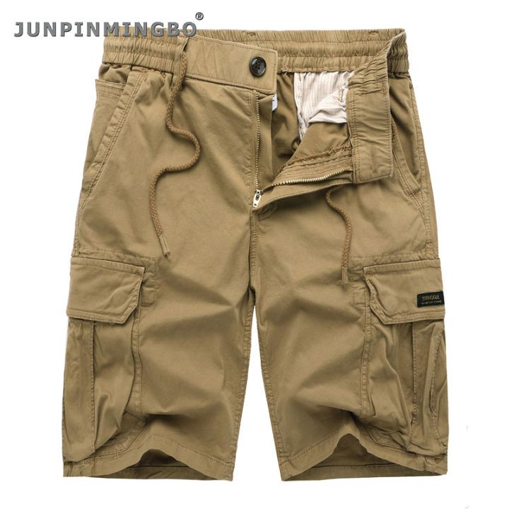 junpinmingbo-ขายดียิดขนาดใหญ่ผ้าฝ้าย-soft-breathable-thin-เอวยางยืดขาตรง6กระเป๋าชายหาดหลวมคาร์โก้แทคทิคอลกางเกงขาสั้นสำหรับฤดูร้อน