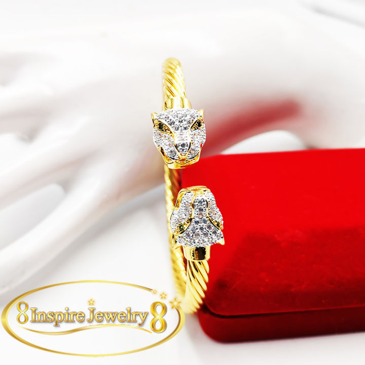 inspire-jewelryชุดเซ็ทกำไลหัวเสือและแหวนฝังเพชรcz-ตาพลอย-free-size-งานดูแพง-เพชรเล่นแสงดีมาก-งานชุปทอง