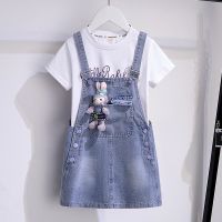 CUI YI SHOP denim suspender suit summer 2023 new style medium and large childrens cartoon short-sleeved starry dress