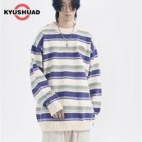 KYUSHUAD เสื้อกันหนาวลายทางขี้เกียจหลวมผู้ชายคอรอบสบายๆเสื้อกันหนาวแบบถักคู่