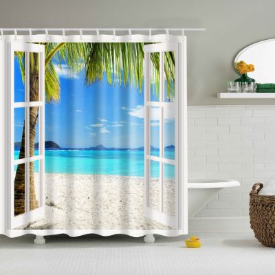 Blue Sky Sea Landscape False Window Shower Curtain Wash Bathroom Shower Waterproof Mildewproof Decor with Hooks 180x180 Cm Large