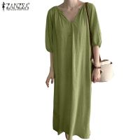 COD DSFGRDGHHHHH ZANZEA Women Solid Color Summer Short Sleeve V Neck Casual Loose Holiday Beach Maxi Dress