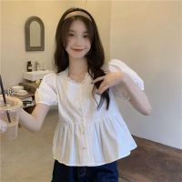 Sweet Lace V-Neck Patchwork Short-Sleeved Shirt Womens Summer 2023 New Chic Short All-Match Baby Shirt Top