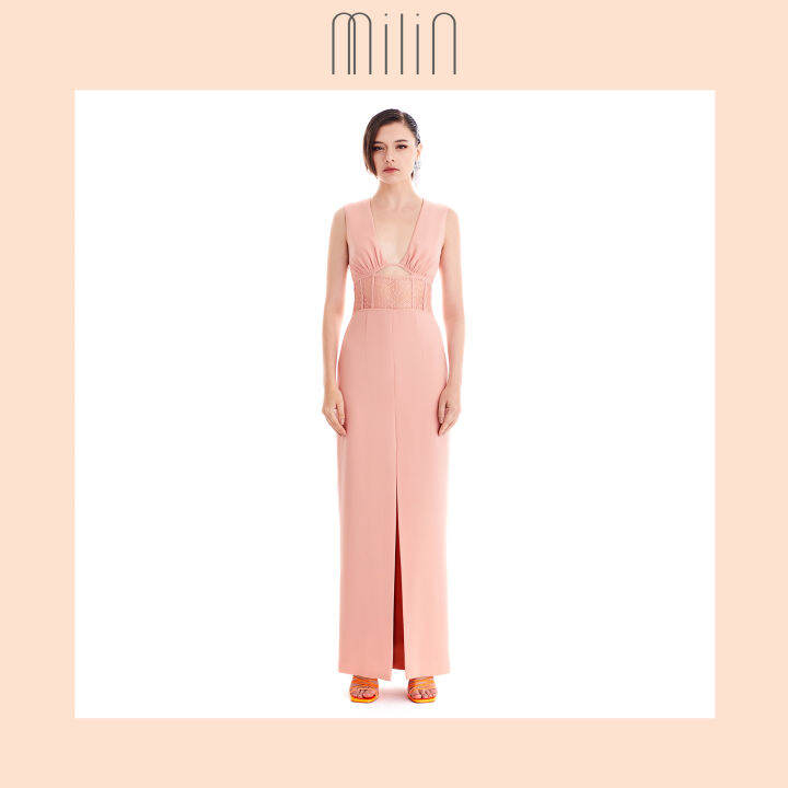 milin-ruched-under-bust-detail-sleeveless-v-neck-long-dress-เดรสยาวแขนยาวคอวี-ดีเทลแต่งรูดใต้อกดีเทลแต่งลูกไม้โปร่ง-และเส้นกุ๊น-diadasia-dress