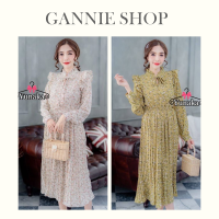 GANNIESHOP Dress เดรส เดรสยาว เดรเดรสชีฟอง เดรสพิมลายดอก สไตล์โคเรีย กระโปรงอัดพลีท ปลายแขนติดกระดุม โบผูกหน้า แต่งระบายช่วงไหล่