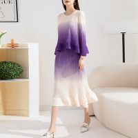 ❁ Spring 2023 New Miyake Pleated Fashion Set Gradient Print Crewneck Long Sleeve Top Skirt Two Piece Sets Womens Outifits