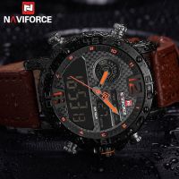 นาฬิกาสำหรับผู้ชายแบรนด์หรูสำหรับผู้ชายเครื่องหนังกีฬา NAVIFORCE นาฬิกาสำหรับผู้ชายควอตซ์ LED Jam Tangan Digital นาฬิกาทหารกันน้ำ9134