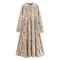 ZZOOI TRAF Women Chic Fashion Printed Pleated Midi Dress Vintage Tied O Neck Long Sleeve Female Dresses Vestidos Mujer