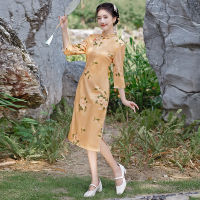 R Cheongsam ฤดูใบไม้ร่วงสามไตรมาสแขน Elegant สาวอารมณ์ปรับปรุง Qipao ทุกวันเดินทางจีนแบบดั้งเดิม Dress