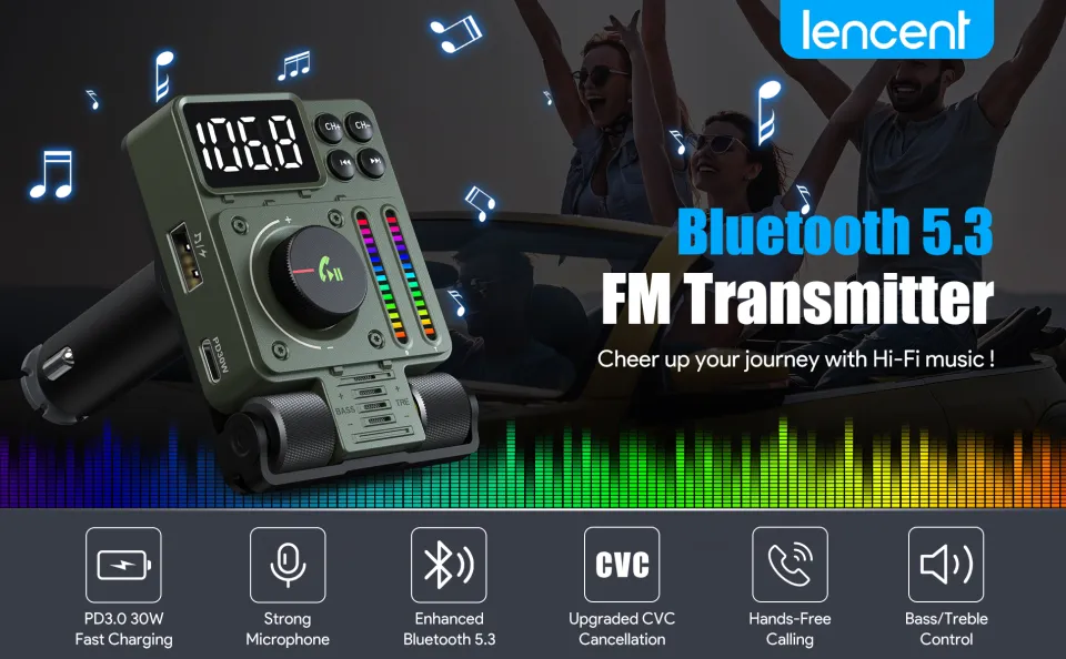  LENCENT FM Bluetooth 5.3 Transmitter for Car, Adjustable Treble  and Bass Sound Music Player, Bluetooth Car Adapter for Hands Free Calls,  Supports PD30W Fast Charging, U Disk, Siri Google Assistant 