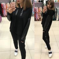 [COD] 2020 European and cross-border autumn winter hot styles casual loose stitching ribbon sweater suit women