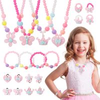 5Pcs/Sets Childrens Hair Accessories Set With Necklace Hair Clip Ring Colorful Cute For Kids Gift Cartoon Clip Flower Hair Claw