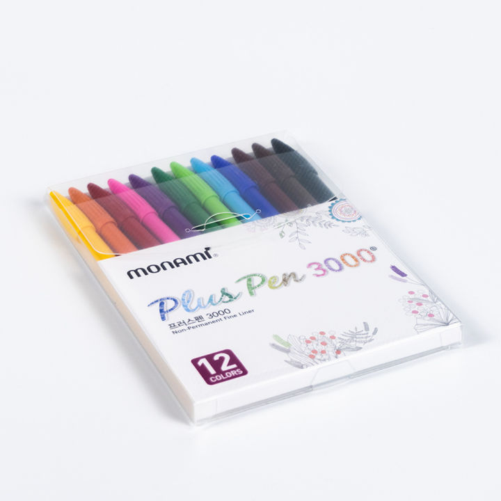 monami-plus-pen-3000-box-12-colors-ปากกาสีน้ำ-ชุด-12-สี-หัวกลม-ขนาดเส้น-0-4-มม-ของแท้