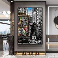 London City Landscape ภาพวาดผ้าใบ Banksy Street Art Graffiti ภาพผนังสำหรับ Home Bar Room Decoration