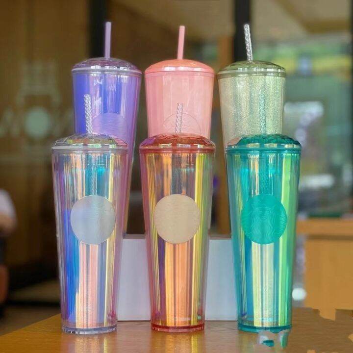 starbuck-ขาตั้งกล้องสตาร์บัคส์แก้วแบบมีหลอดเพชรเจียรสียูนิคอร์นสตาร์บัคแก้วน้ำพลาสติกสองชั้นความจุมาก710มล