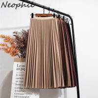 【Cw】neophil 2022 Summer LADIES pleated MIDI skirt high waist VINTAGE Solid Casual MID-CALF Elastic black. สีเทาผู้หญิง Longa saia S92D2