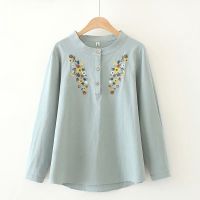 ร้อน, ร้อน★【มีไซส์ใหญ่】Plus Size Cotton&amp;linen Fashion Tops Long Sleeved Autumn New Blouse Large Size Floral Embroidery White Blusas