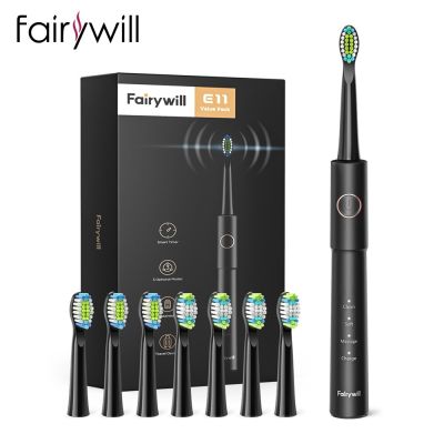Fairywill แปรงสีฟันไฟฟ้าแบบชาร์จไฟได้หัวเปลี่ยนแปรง8หัวชาร์จไฟได้ผ่าน USB E11แปรงสีฟันไฟฟ้าพลังคลื่นเสียงกันน้ำ