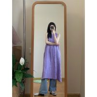 In Stock? 2023 summer new cos the wind profile of pure cotton and linen fold A word sleeveless long dress in purple female holiday wind