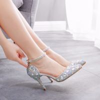 ❧○✓ Crystal Queen Women Wedding Shoes Sweet Rhinestone Bride Stiletto Princess Water Drill Dress Sandals High Heels Pumps