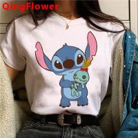 เสื้อผ้า Lilo Stitch ลายการ์ตูนดิสนีย์น่ารักสำหรับผู้หญิงเสื้อผ้าแนวสตรีทแบบออลจังเสื้อผ้าคู่รักเสื้อยืดกราฟิกคู่ของผู้หญิงเสื้อยืด