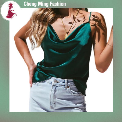 Cheng Ming เสื้อกระโปรงชีฟองผู้หญิงใส่ฤดูร้อน,เสื้อสายสปาเก็ตตี้เสื้อกล้ามหรูหราแขนกุดสีทึบหลวม
