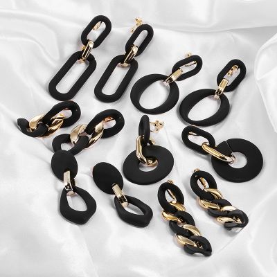New Design Vintage Gold Soft Matte Black Acrylic Chain Clip on Earrings for Women Oval Geometric Long No Hole Ear Clips Jewelry
