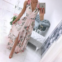 Summer Women Floral Sleeveless Maxi Dress Sexy Slit Boho Beach White Tank Dresses  Elegant Deep V-Neck Print Party Sundress