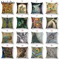 Hongbo Decorative Pillow Case Fashion Peacock Bird Feather Pillowcase Linen Chair Seat Throw Pillow Cover