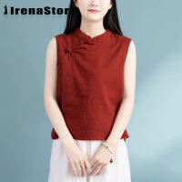 IRENASTORY เสื้อกั๊กฝ้ายลินินสีทึบผู้หญิง,เสื้อสไตล์จีน Kemeja Tanpa Lengan หลวมลาด