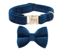 Blue Personalized Dog Collar Bow and Leash Set,Velvet Dog Collar Wedding, Small Dog Collar,Luxury Dog Collar with Name Engraved