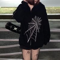 Moderntime เสื้อกันหนาวลายสเวตเตอร์ฮาราจุกุมีซิปแขนยาว,สำหรับผู้หญิงลาย Spider Rhinestone ปี2021